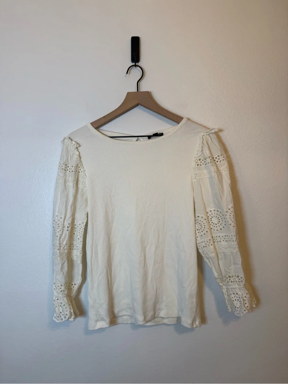 J. Crew Ruffle-trim eyelet top‎ in vintage rib